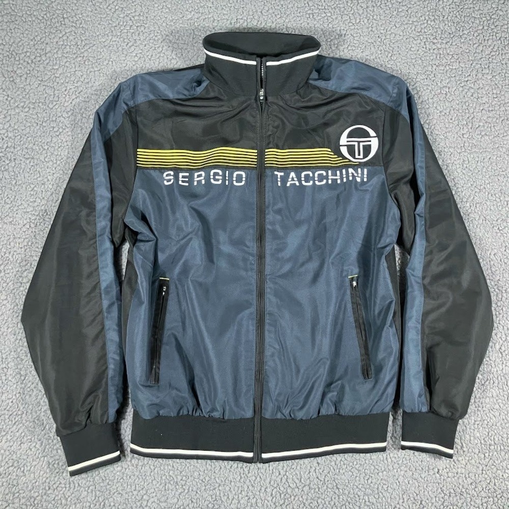 Sergio Tacchini Mens XL Track Jacket Navy Black Yellow Ripstop Full Zip Jacket